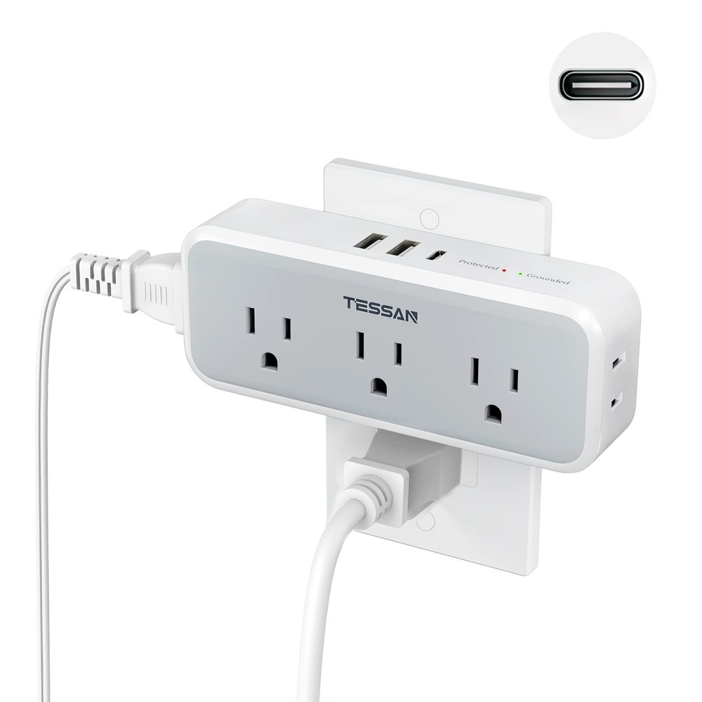 Multi Plug Outlet Extender, USB C Wall Charger, 5 Outlets (USB-C), Gray