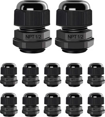 12 Pcs 1/2″ NPT Cable Glands Nylon PA66, IP68 Waterproof Adjustable Power Strain