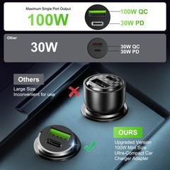 100W Super Fast Car Charger USB PD 2-in1 Cigarette Lighter Adapter For Car