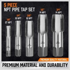 5-Piece NPT Pipe Tap Kit with Heavy-Duty Storage Case, Premium Carbon Steel
