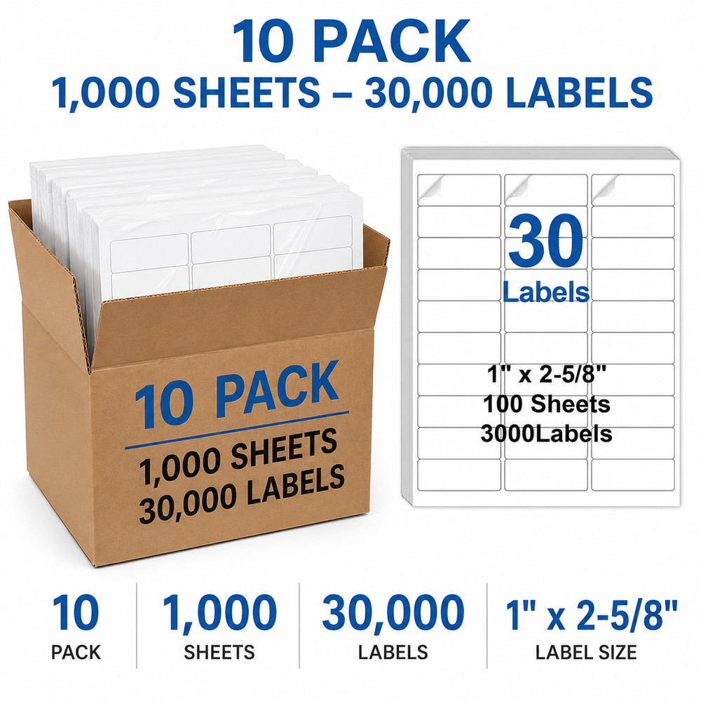 30000 1″ x 2 5/8″Self-Adhesive Shipping Labels for Laser & Inkjet 30 UP