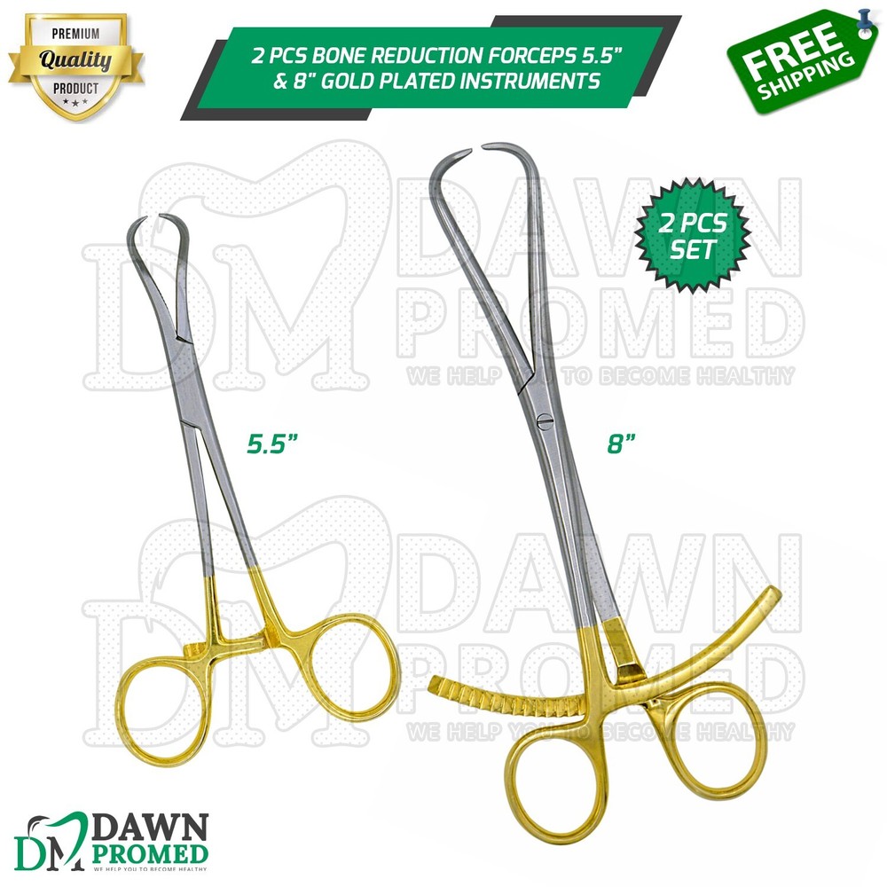 2 Pcs Bone Reduction Forceps 5.5″ & 8″ Curved Pointed Tip Gold Plated Instrument