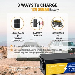 POERUNI 12V 300Ah LiFePO4 Battery 4000+ Deep Cycles 3840Wh 200A BMS for RV Solar