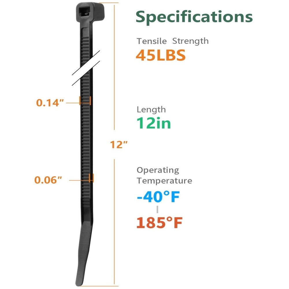 2000 Pack 12″ Cable Ties – 45 LBS Tensile Strength