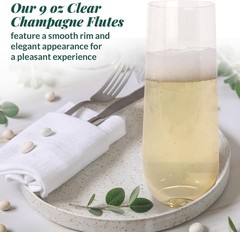 Champagne Flutes Plastic (50 Pack, 9oz) Clear, Stemless | Disposable Mimosa