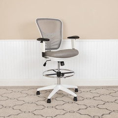 Light Gray Ergonomic Drafting Chair with Chrome Foot Ring & Adjustable Arms
