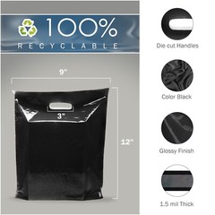 Black Merchandise Plastic Shopping Bags – 100 Pack 9″ x 12″ with 1.5 mil Thick