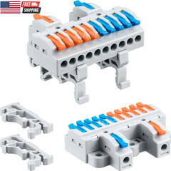 6-Pack DIN Rail Terminal Blocks Lever Wire Connectors 2-in-8-Out, 28-12 AWG Spli