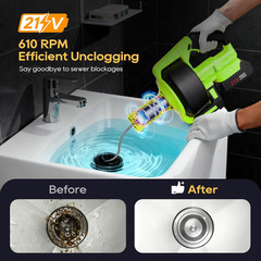 Ublue 21V Cordless Electric Drain Auger, 25Ft Auto Feed Drain Snake for Clog Rem