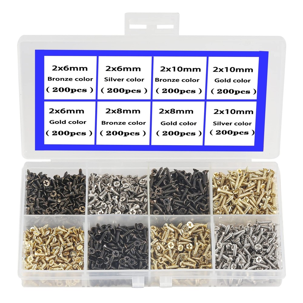 1600 Pcs 2MM Small Screws Flat Head Cross Micro Woodworking Kit Gold Black