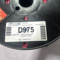 West Penn D975 Fire Alarm Cable 18/2 Shielded FPL ~900 ft Black Reel