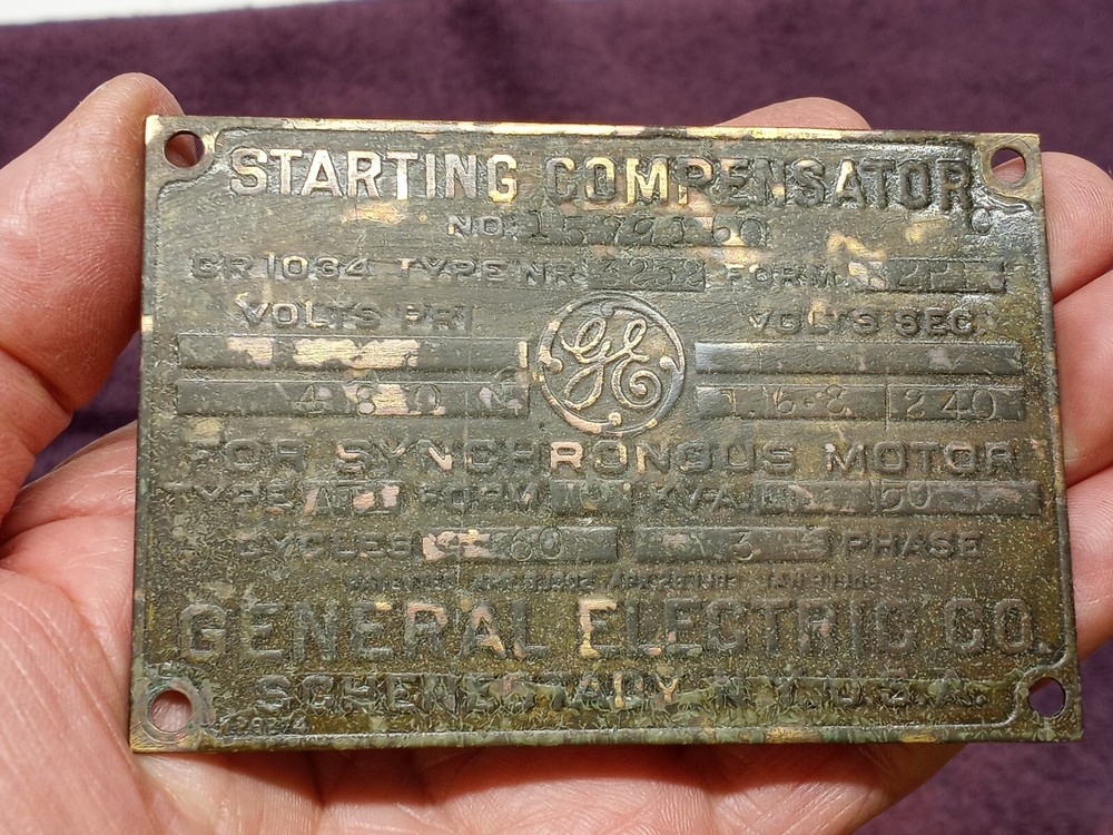 Vtg GE GENERAL ELECTRIC COMPENSATOR METAL ID PLATE TAG SCHENECTADY NEW YORK USA