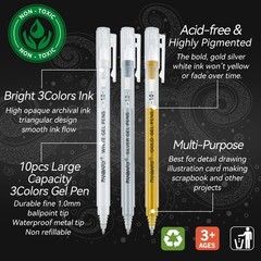 PANDAFLY Gold Silver White Gel Pens, 1 Count (Pack of 10), Multicolor
