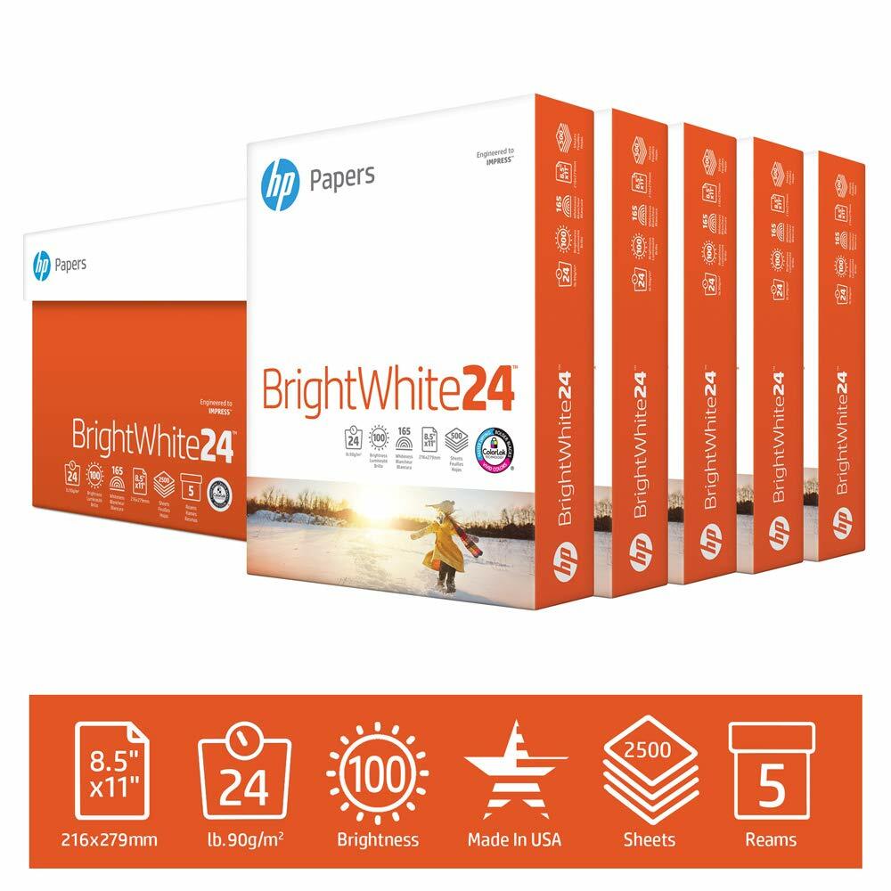 HP Printer Paper BrightWhite 24lb, 8.5×11, 100 Bright, 5 Ream Case, 2,500 Sheets