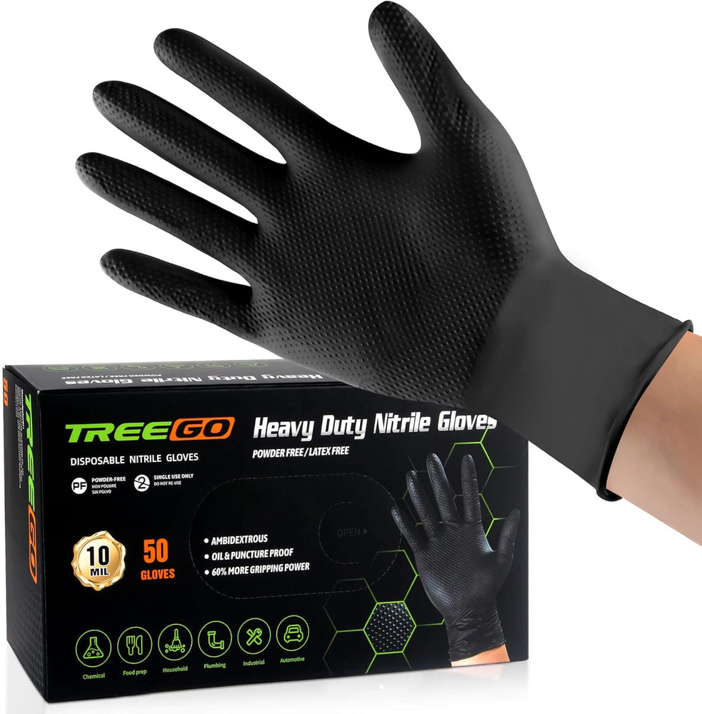 10 Mil Black Nitrile Gloves Large, Heavy Duty Disposable, Raised Diamond Texture