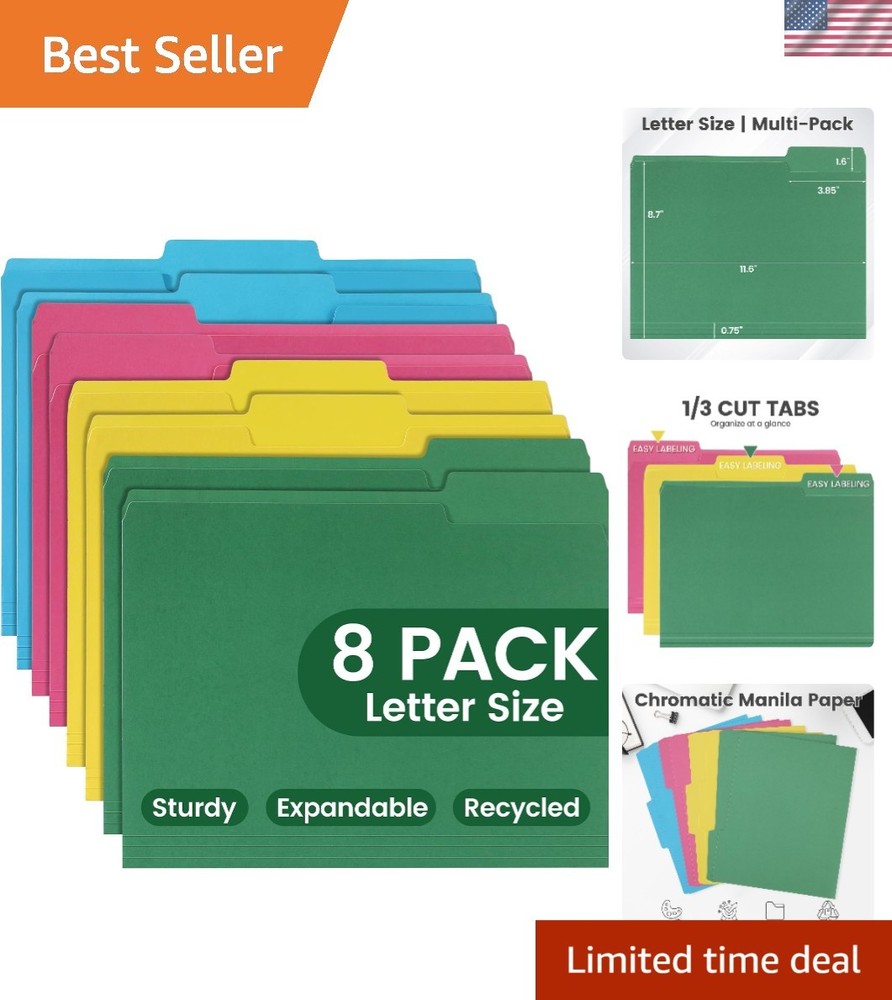 Vibrant Colored File Folders – 8 Pack 1/3 Cut Tabs for Efficient Organization