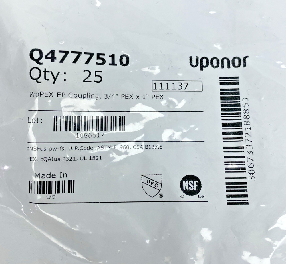 Bag Of 25, Uponor Q4777510 ProPex EP Coupling 3/4″ Pex × 1″ Pex