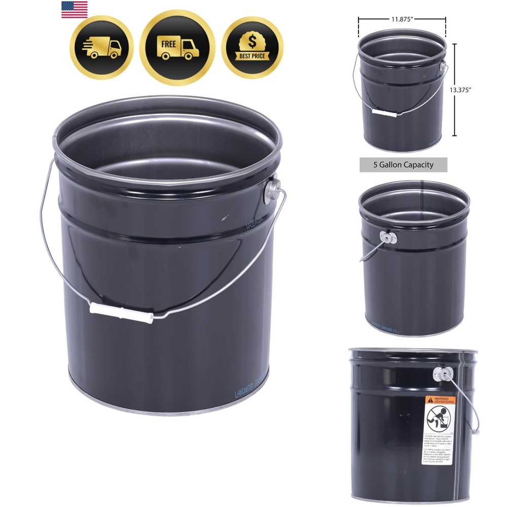 PAIL-STL-RI Steel Open Head Pail with Handle, 5 gallon Capacity, Black, Pack …