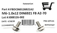 (25) M6 x 1.00 x 12 Stainless Steel DIN6921 A2 Hex Flange Bolts M6x12mm Flange