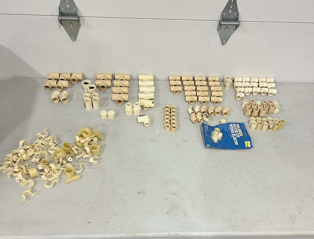 Lot Of CPVC Fittings 1/2 “And 3/4”Tees, Elbows, Couplings Over 110 Pcs. + Clamps
