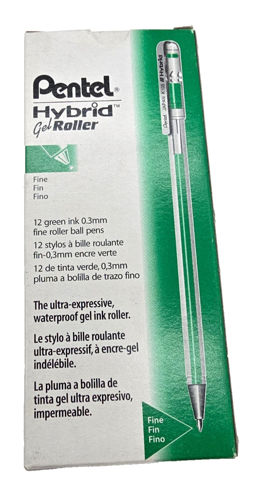Vintage Pentel 12-PACK Hybrid Gel Roller Ball Pen Green Waterproof Ink Fine .3mm
