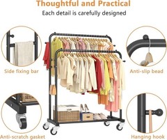 Black Double Rods Garment Rack with Wheels – 150lbs Capacity