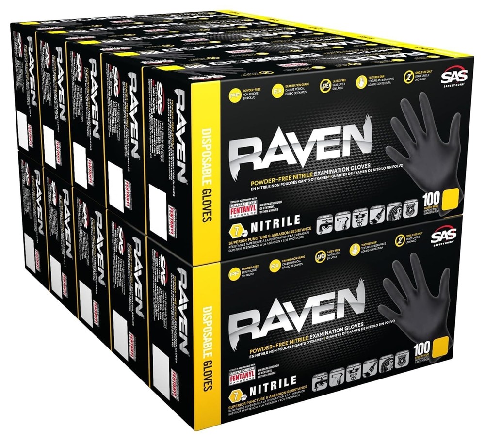 Raven SAS Safety 66518 6 mil Black Nitrile Disposable Gloves 7 Mil – Large – 10