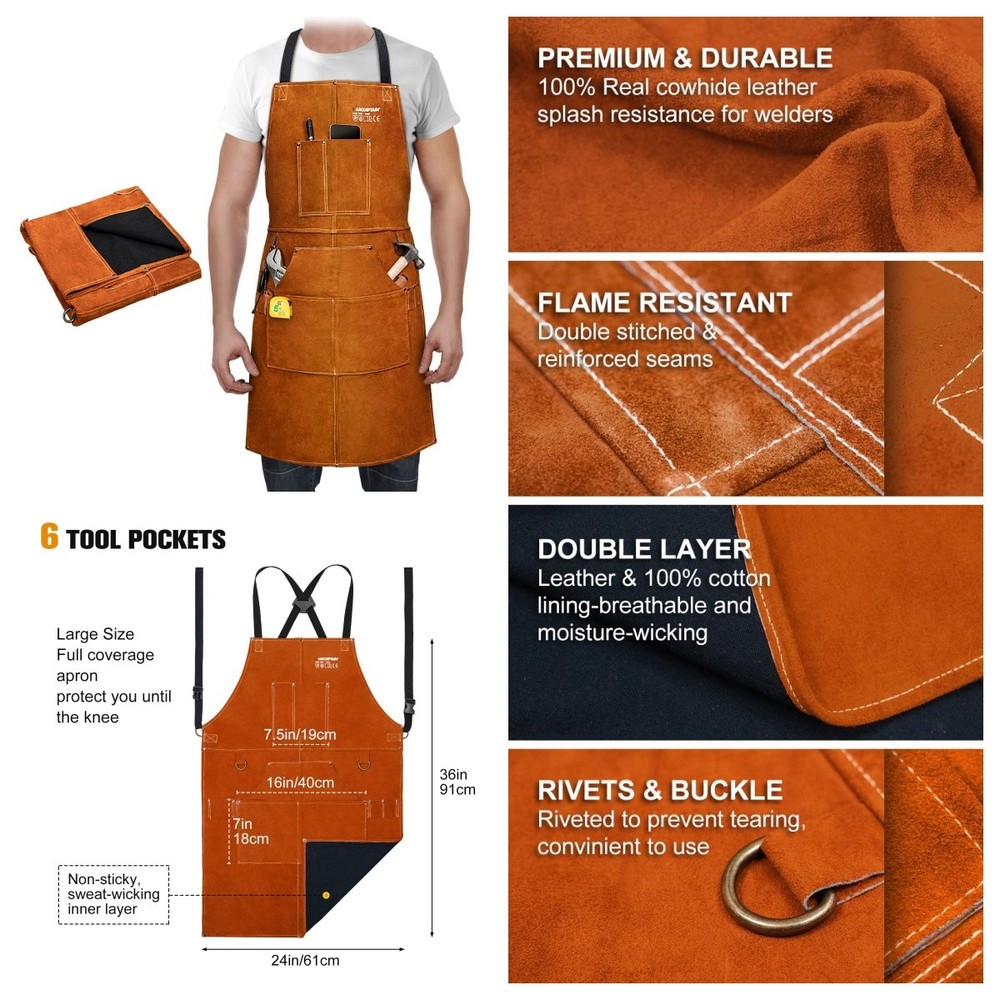 ARCCAPTAIN Work Aprons Welding Cowhide Blacksmith Apron 24″ X 36″ with 6 Pockets