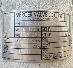 MERCER 9100 Series 91-33F51T61U1 1-1/2” Pressure Relief Valve – 350PSI 2020SCFM