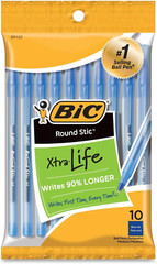 round Stic Xtra Life Blue Ballpoint Pens, Medium Point (1.0Mm), 10-Count Pack of