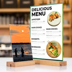 5″x7″ Acrylic Sign Holder with Wood Base Wood Sign Holder Vertical or Slant B…