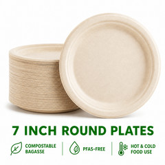 125/250500/1000pcs 7 Inch Compostable Disposable Bagasse Round Party Plates