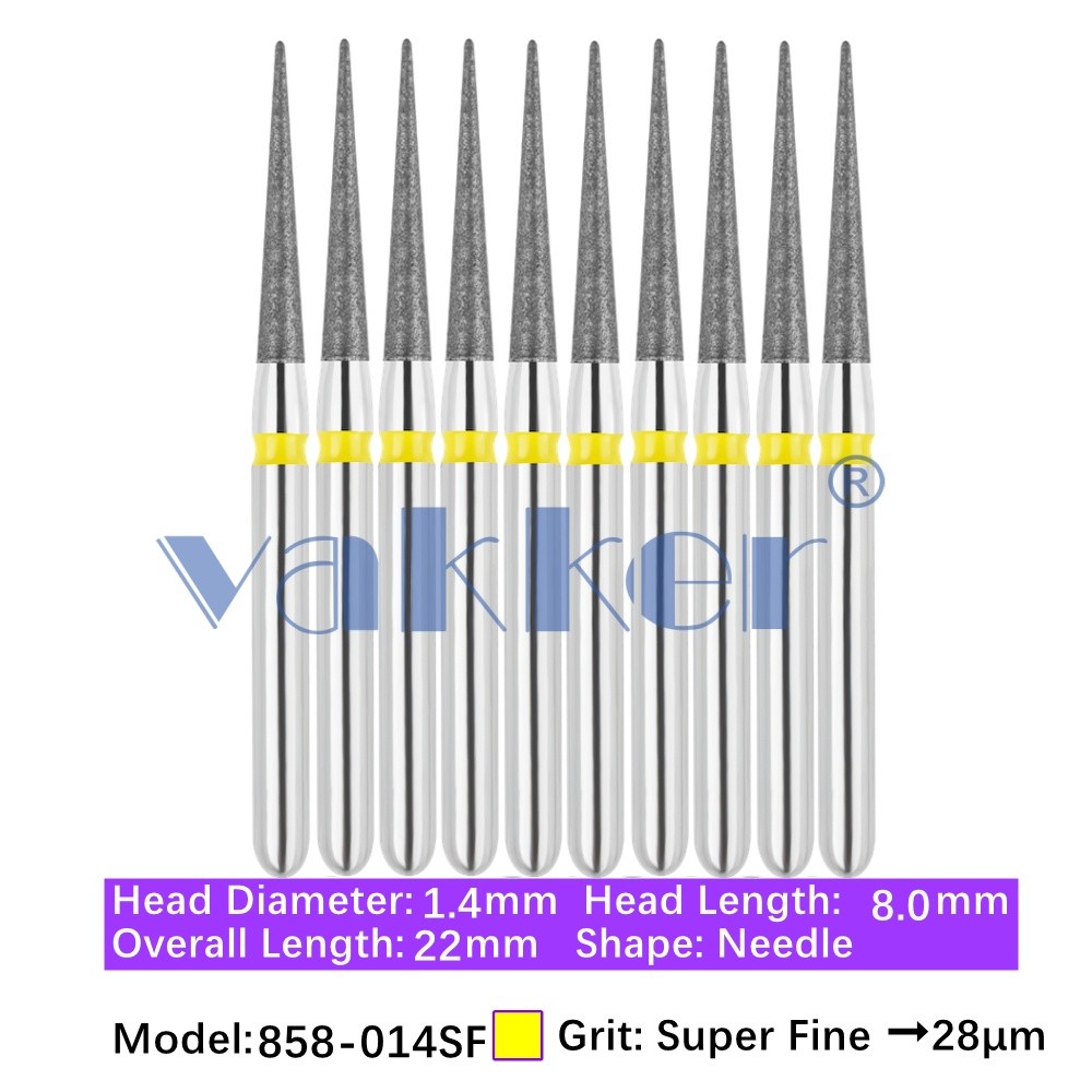 Vakker 10pc Dental 858-014SF Diamond Burs Needle Shape Super Fine Grit Bur