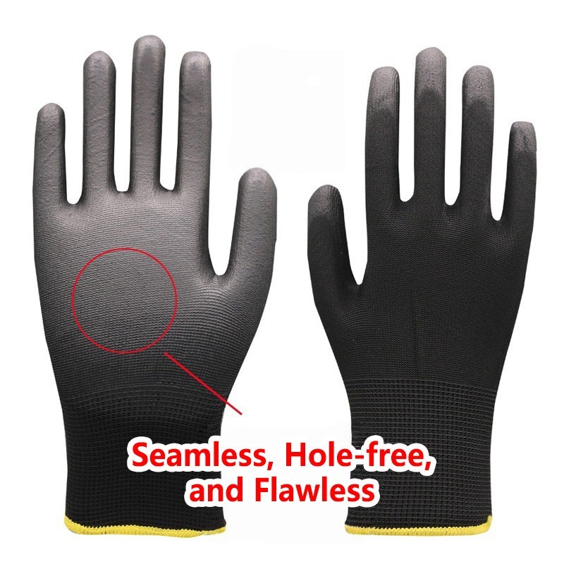 Ultra Thin Black Work Gloves PU Coated Nylon Safety Gloves 12 Pairs