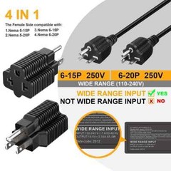 2Pack 4-in-1 15 Amp Household AC Plug to 20 Amp T Blade Adapter5-15P to 5-20R