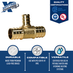 10 PIECES 3/4″ X 3/4″ X 1/2″ PEX TEE BRASS CRIMP FITTINGS ( LEAD FREE )