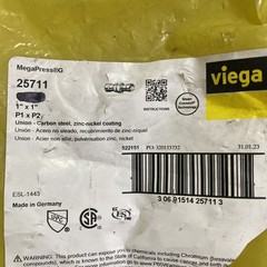 Viega 25711 Megapress G Pipe Union, 1” X 1” P1 X P2 Megapressg Qty 1