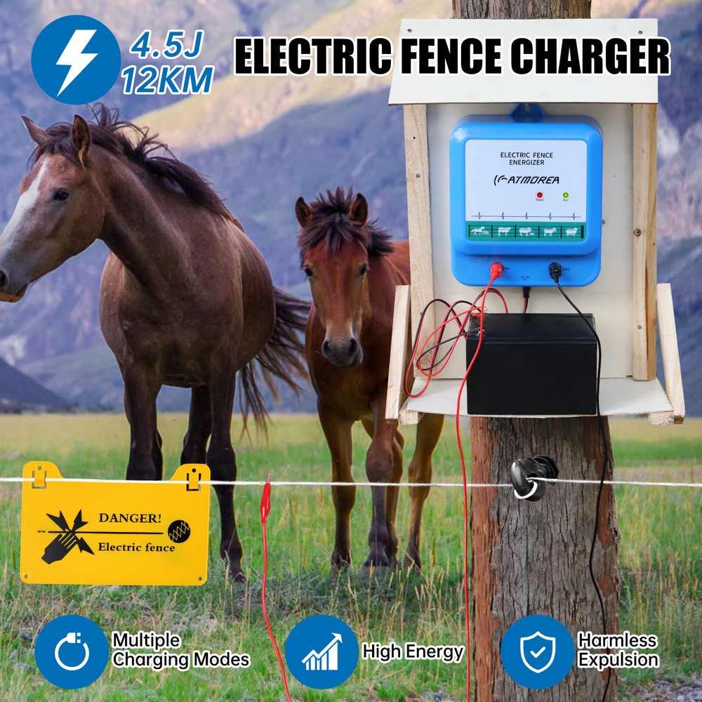ATMOREA 4.5J 12KV AC Powered Fence Charger Up to 12KM Electric Fence Energizer