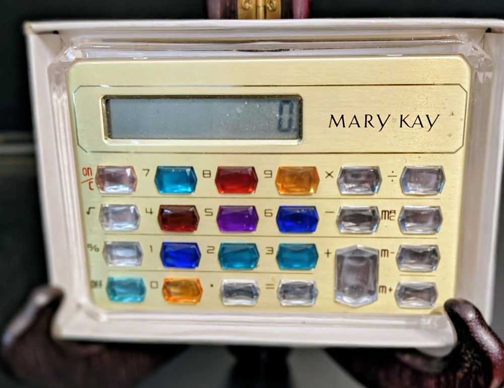Vintage 1990s Mary Kay bedazzled rhinestone-style calculator keys in box. Works