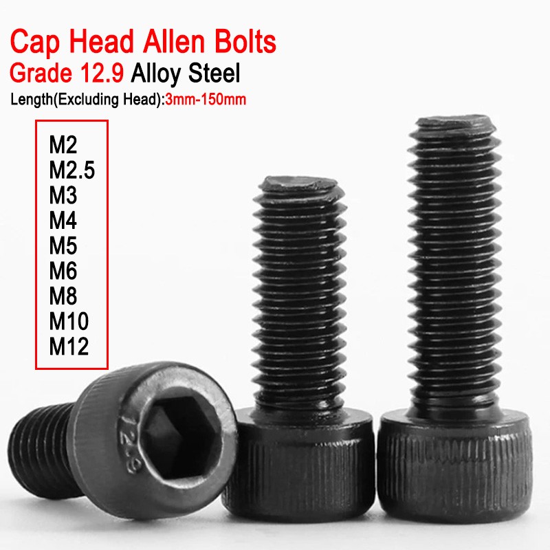 M2 M2.5 M3 M4-M12 Cap Head Socket Screws Black Allen Key Bolts 12.9 High Tensile