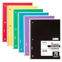 Mead Spiral Notebook, 6 Pack, 1 Pack of 6, Red,Yellow,Blue,Green,Purple,Black