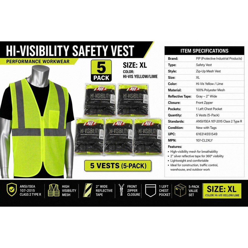PIP Hi-Visibility Safety Vest 5-Pack XL Lime Yellow Mesh ANSI Class 2 107-CL2XLY