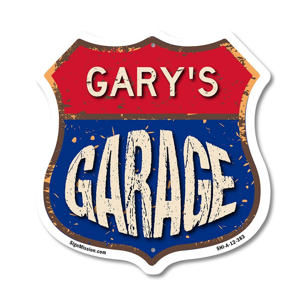 Gary’s Garage Shield Shaped Sign Weather Resistant Crafted in the USA