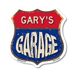 Gary’s Garage Shield Shaped Sign Weather Resistant Crafted in the USA