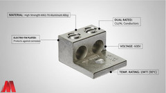 90814 Lug Mechanical Connector Type 2 Conductors Aluminum One Hole Mount
