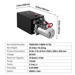 12 Quart Hydraulic Power Unit, Double Acting Dump Trailer Pump, 3200 PSI Max Rel