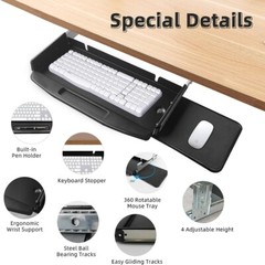 Steel Keyboard Tray Under Desk Drawer Sliding Pull Out w/360° Mouse Tray 22″x12″