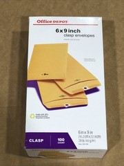 Office Depot Clasp Envelopes, 6″ X 9″, Brown, Box of 100 New