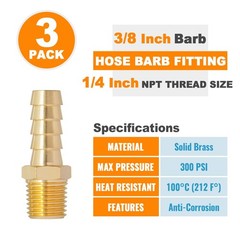 SUNGATOR 3-Pack 3/8 Inch Barb × 1/4 NPT 3/8″ x 1/4″ Male, Brass