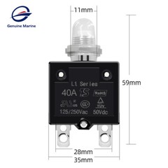 Thermal Circuit Breaker, 5-40 Amp Push Button Manual Reset 50V DC 125/250VAC